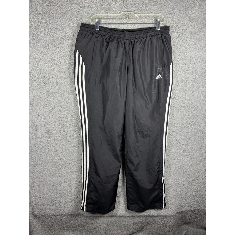 Y2K Adidas Mens Black White Stripe Windbreaker Track Pants Zip Cuff Large Baggy